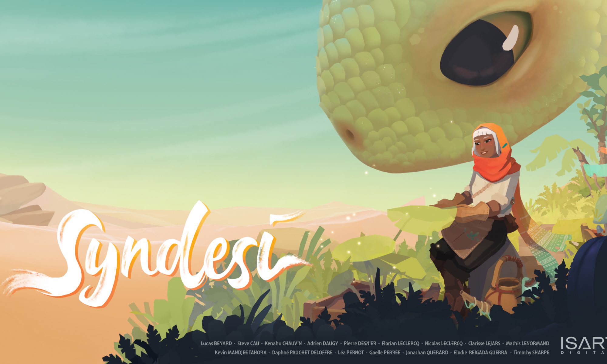 Ecran titre du jeu projet étudiant Syndesi. La protagoniste Saï y est représenté prenant soin d'une plante dans un oasis au milieu du désert tandis que, derrière elle, Nilah la créature géante et amicale l'observe avec attention. Site de Lucas BENARD.