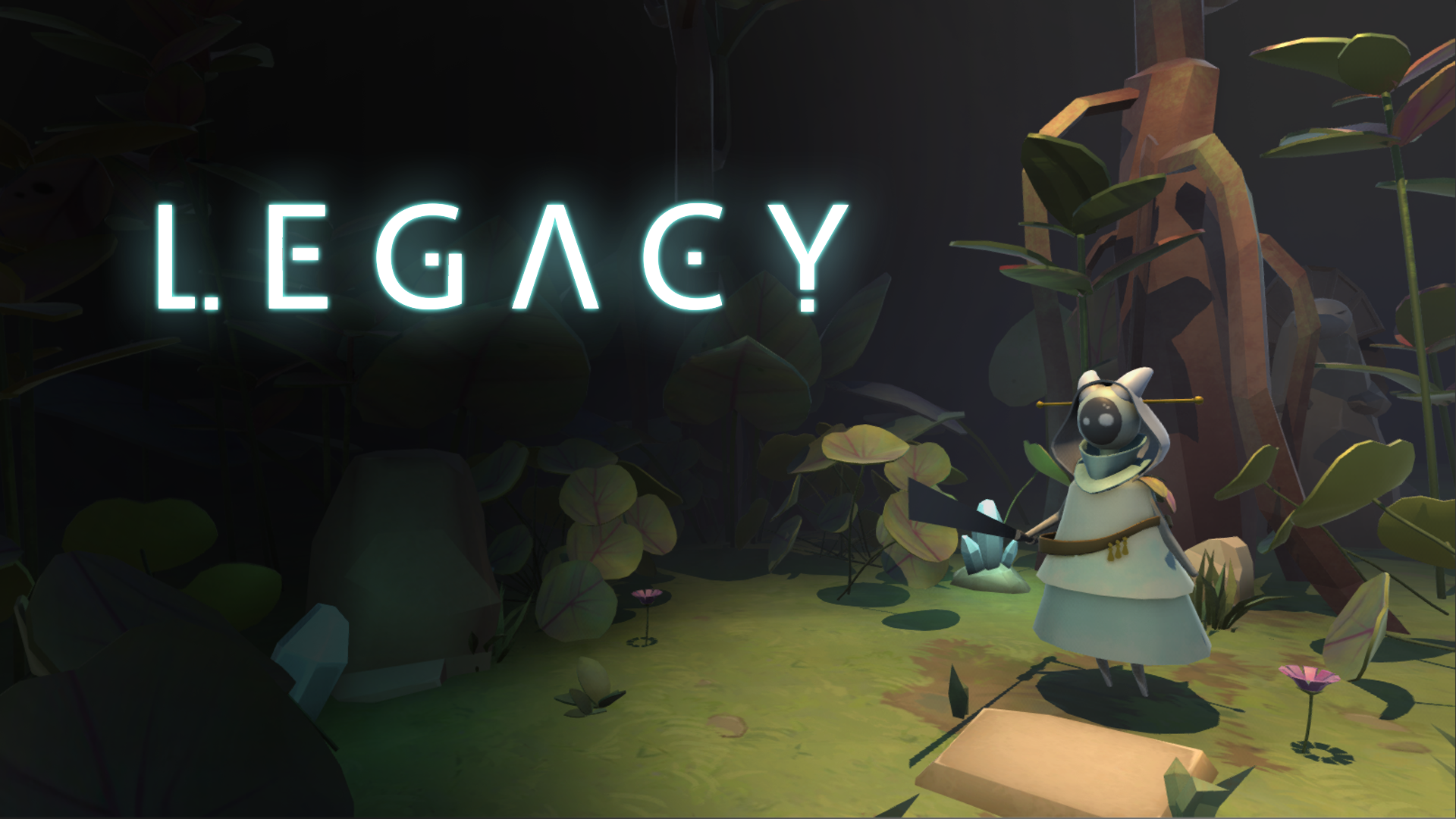 Ecrant titre du jeu Legecy. Le protagoniste y est représenté avec une capuche et une machette au milieu de la jungle dense et sombre. Site de Lucas BENARD.